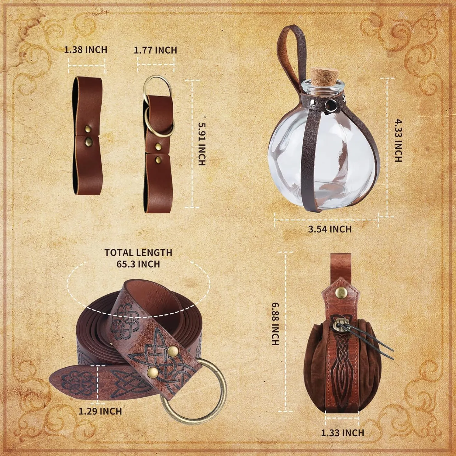 Renaissance Medieval Viking Belt with Potion Bottles, Faux Leather Belt Pouch, Skirt Hikes and Mug Holder