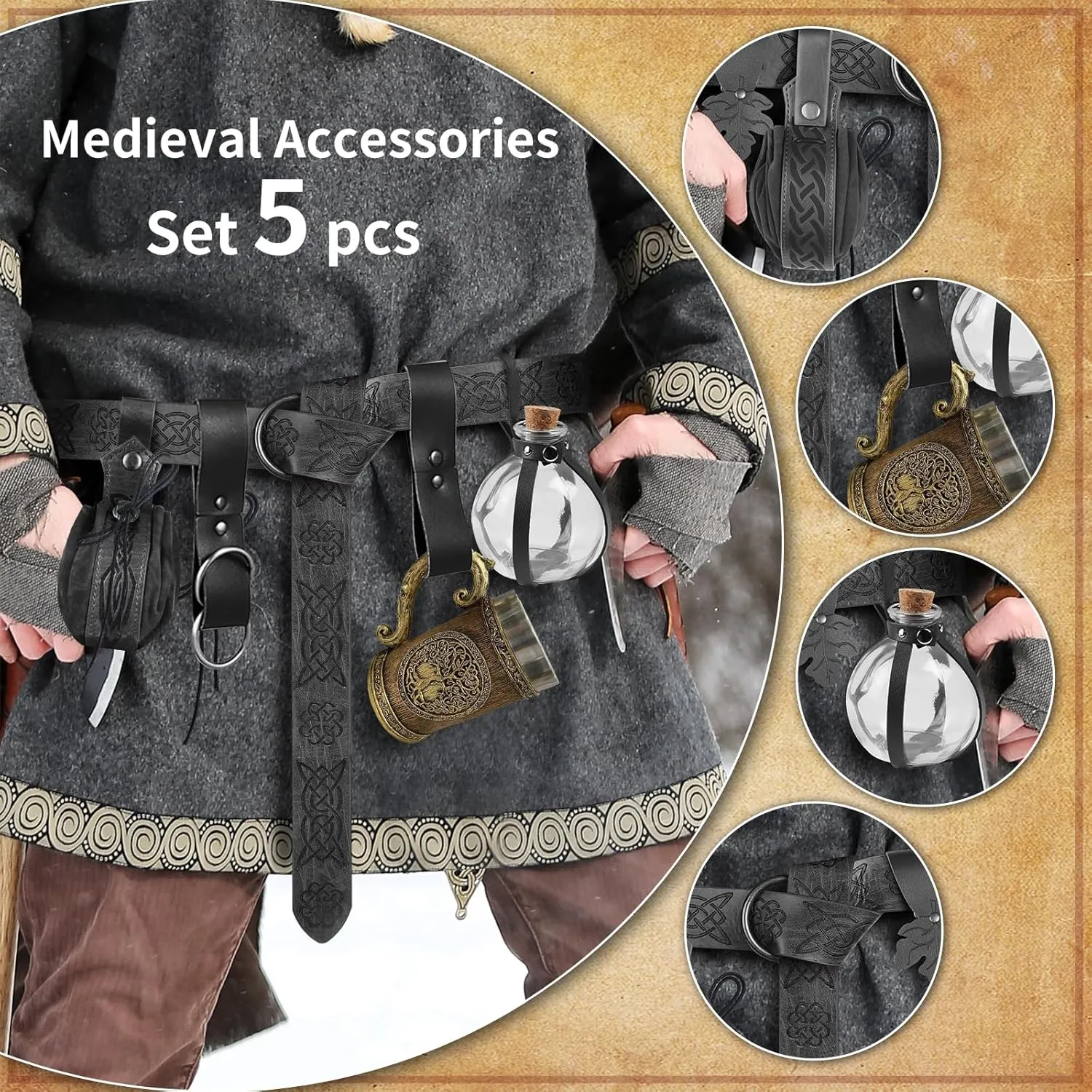 Renaissance Medieval Viking Belt with Potion Bottles, Faux Leather Belt Pouch, Skirt Hikes and Mug Holder