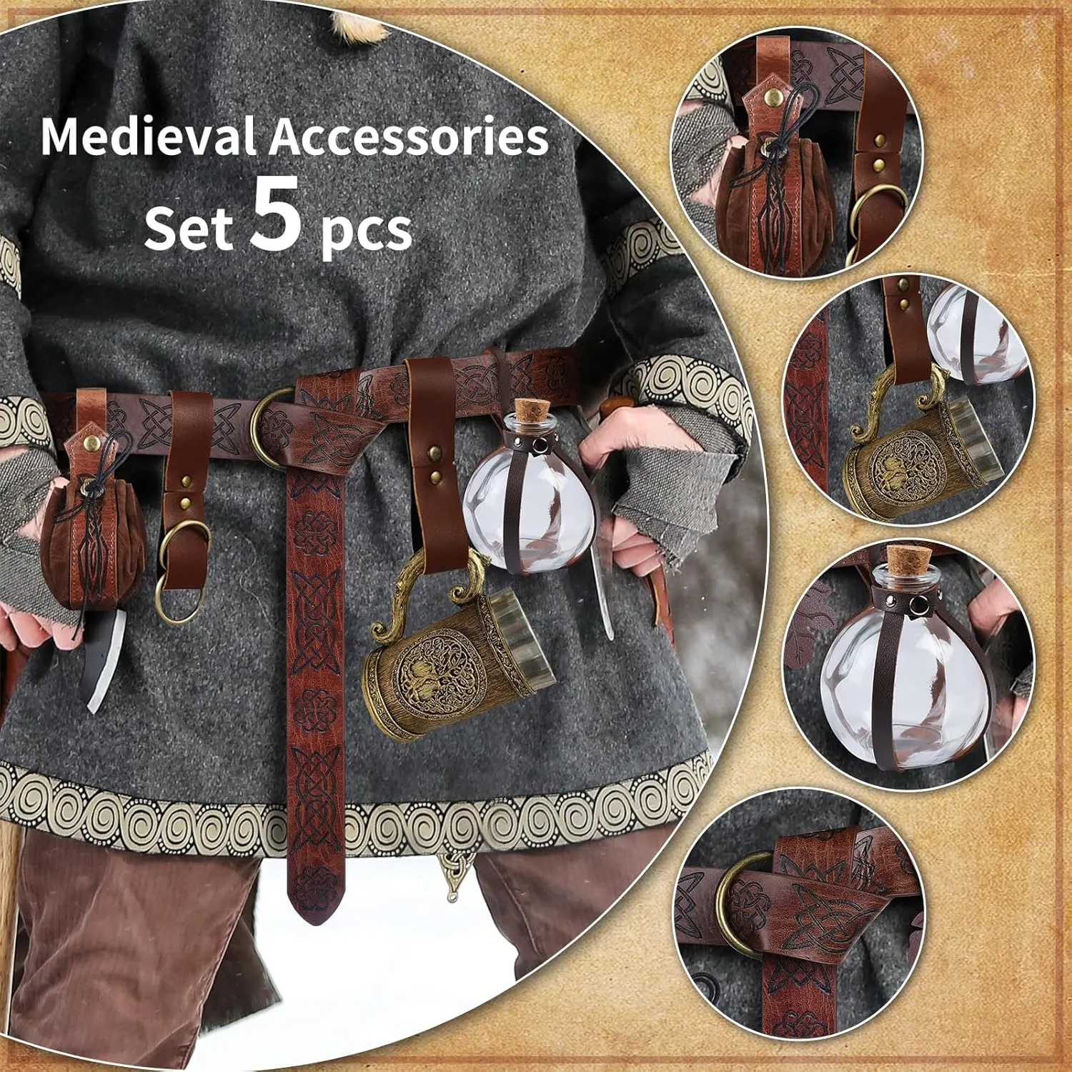 Renaissance Medieval Viking Belt with Potion Bottles, Faux Leather Belt Pouch, Skirt Hikes and Mug Holder