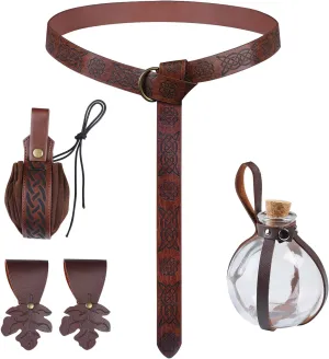 Renaissance Medieval Viking Belt with Potion Bottles, Faux Leather Belt Pouch, Skirt Hikes and Mug Holder