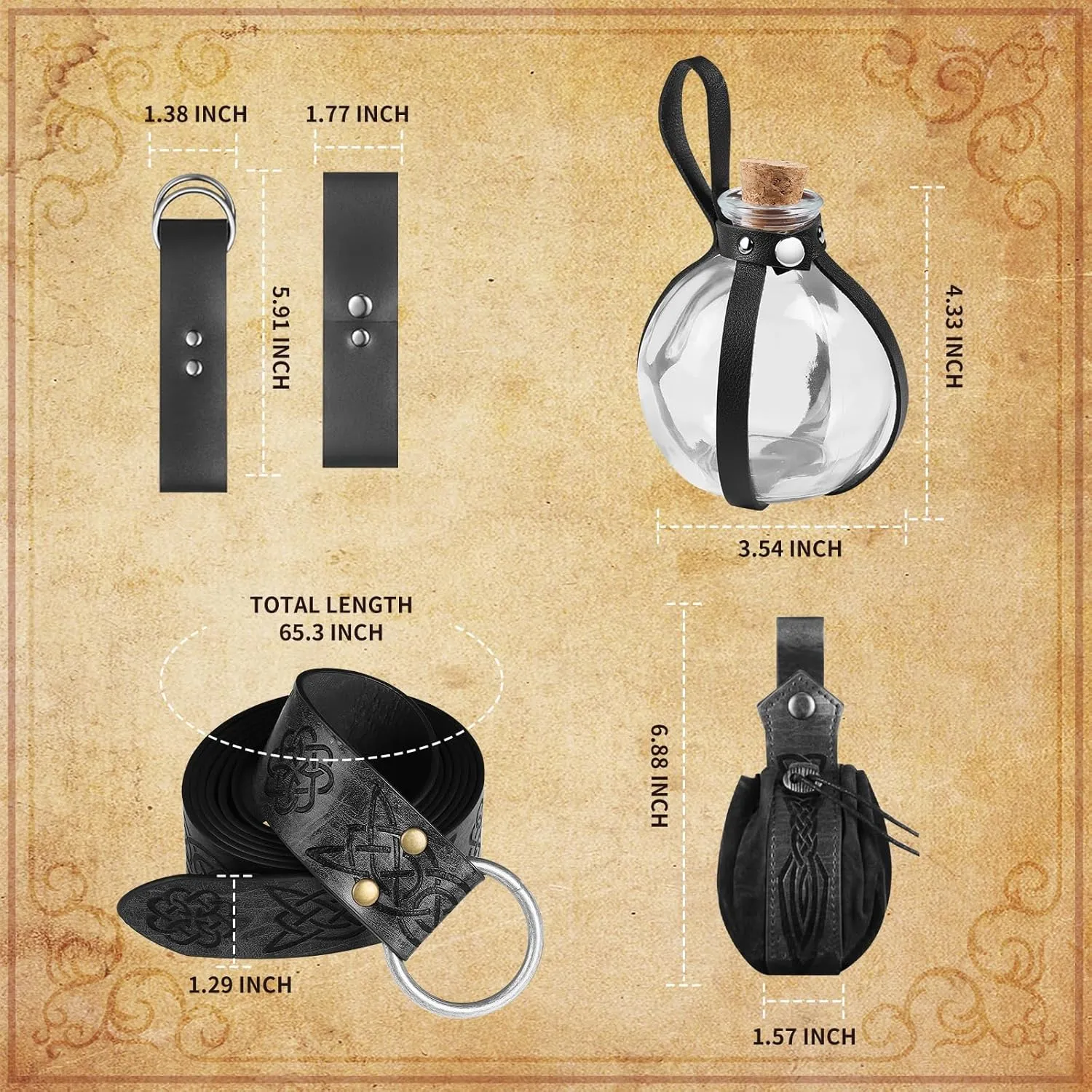 Renaissance Medieval Viking Belt with Potion Bottles, Faux Leather Belt Pouch, Skirt Hikes and Mug Holder