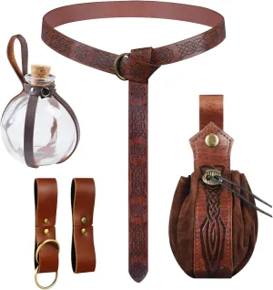 Renaissance Medieval Viking Belt with Potion Bottles, Faux Leather Belt Pouch, Skirt Hikes and Mug Holder