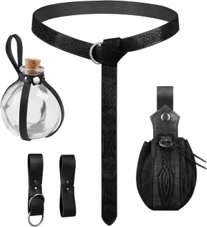 Renaissance Medieval Viking Belt with Potion Bottles, Faux Leather Belt Pouch, Skirt Hikes and Mug Holder