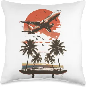 Retro Beach Skateboarding - Plane, Palm Trees and Skateboard Throw Pillow