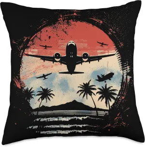 Retro Beach Skateboarding - Plane, Palm Trees and Skateboard Throw Pillow