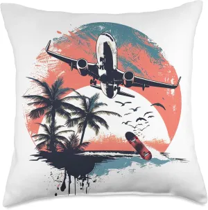 Retro Beach Skateboarding - Plane, Palm Trees and Skateboard Throw Pillow