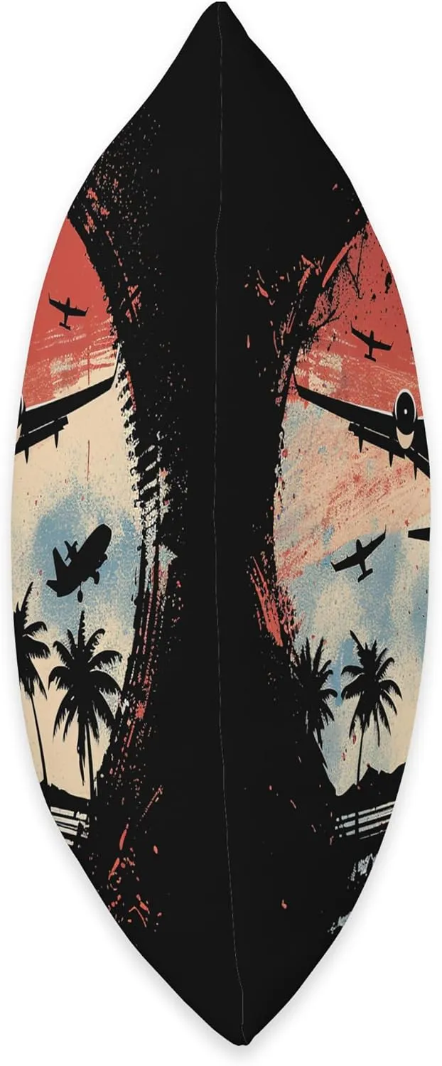 Retro Beach Skateboarding - Plane, Palm Trees and Skateboard Throw Pillow