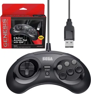 Retro-Bit Official Sega Genesis USB Controller 8-Button Arcade Pad for Sega Genesis Mini, Switch, PC, Mac, Steam, RetroPie, Raspberry Pi - USB Port (Black)