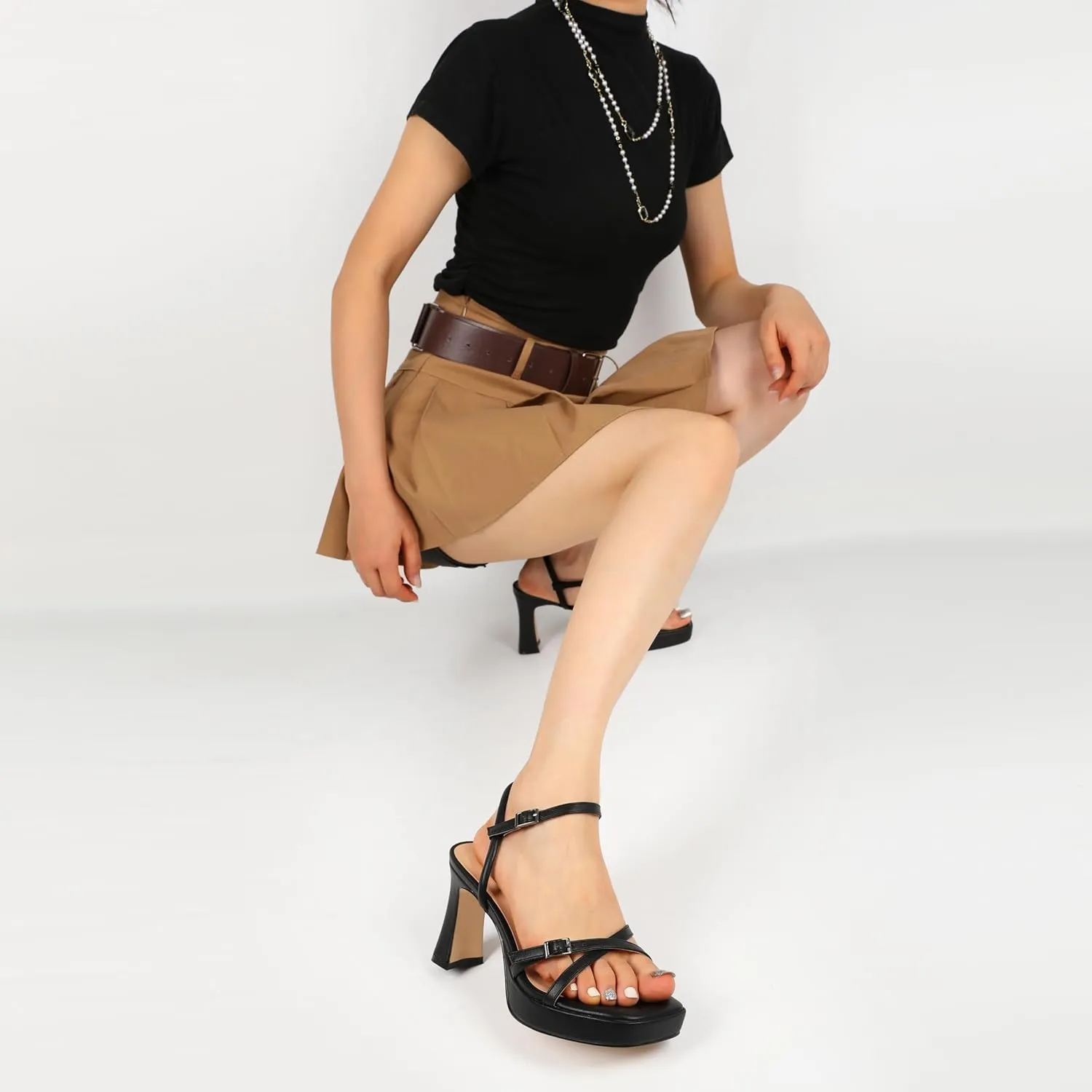 SAMMITOP Platform Heels for Women High Block Chunky Heeled Sandals Open Square Toe Cross Strappy Heels Fashion Wedding Party Dress Shoes 3.5 Inch