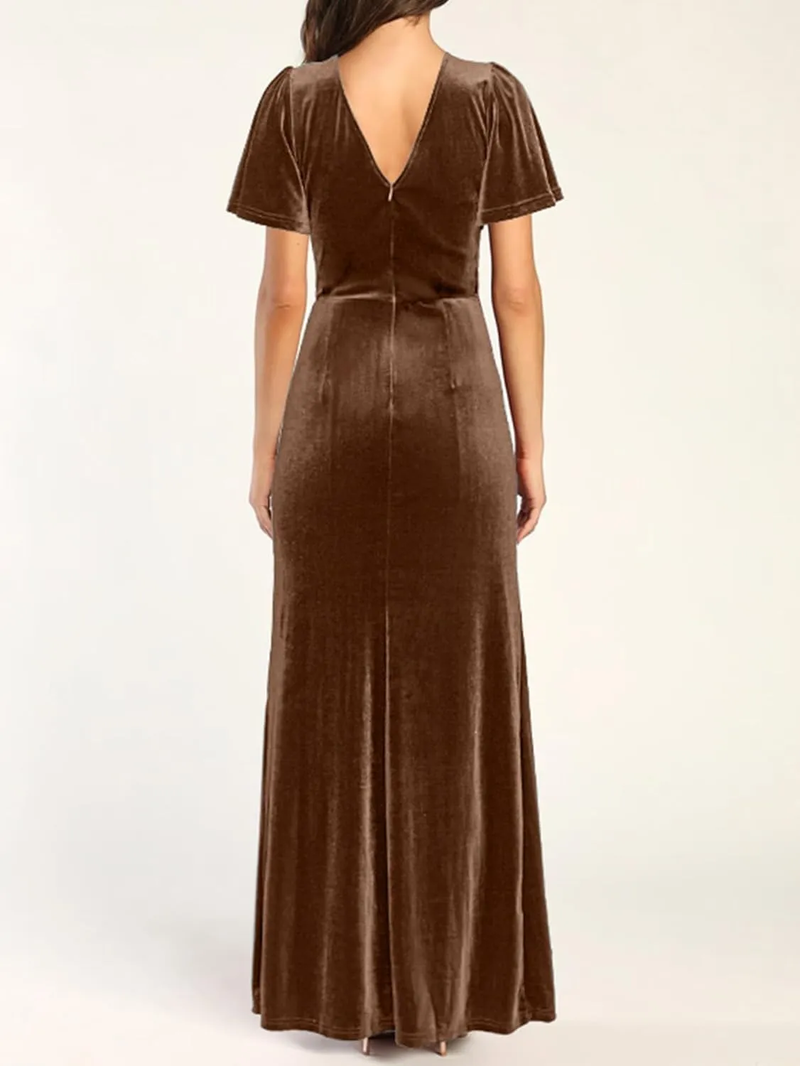 Simplee Women's Twist Front V Neck Velvet Maxi Dress Short Sleeve Fall Wedding Guest Long Semi Formal Dress with Slit