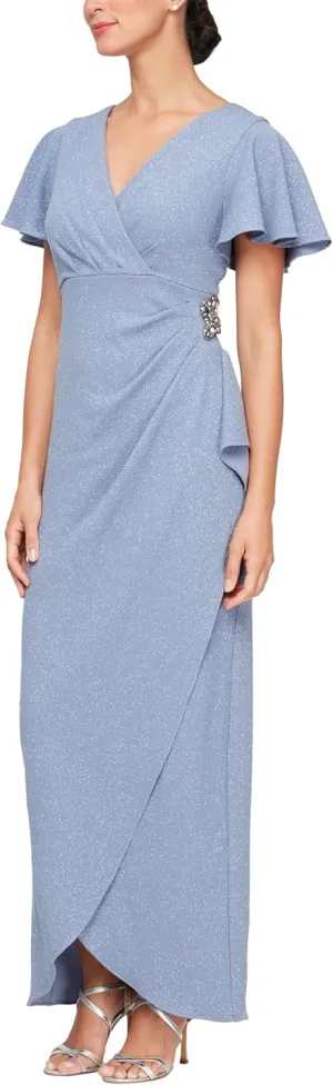 S.L. Fashions Women's Long Empire Waist Mother of The Bride Dress with Side Ruffle & Surplice Neck (Petite and Regular Sizes)