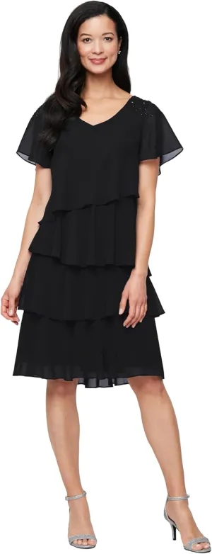 S.L. Fashions Women's V-Neck Chiffon Cocktail Dress with Beaded Shoulders and Asymmetrical Tiers (Petite and Regular Sizes)