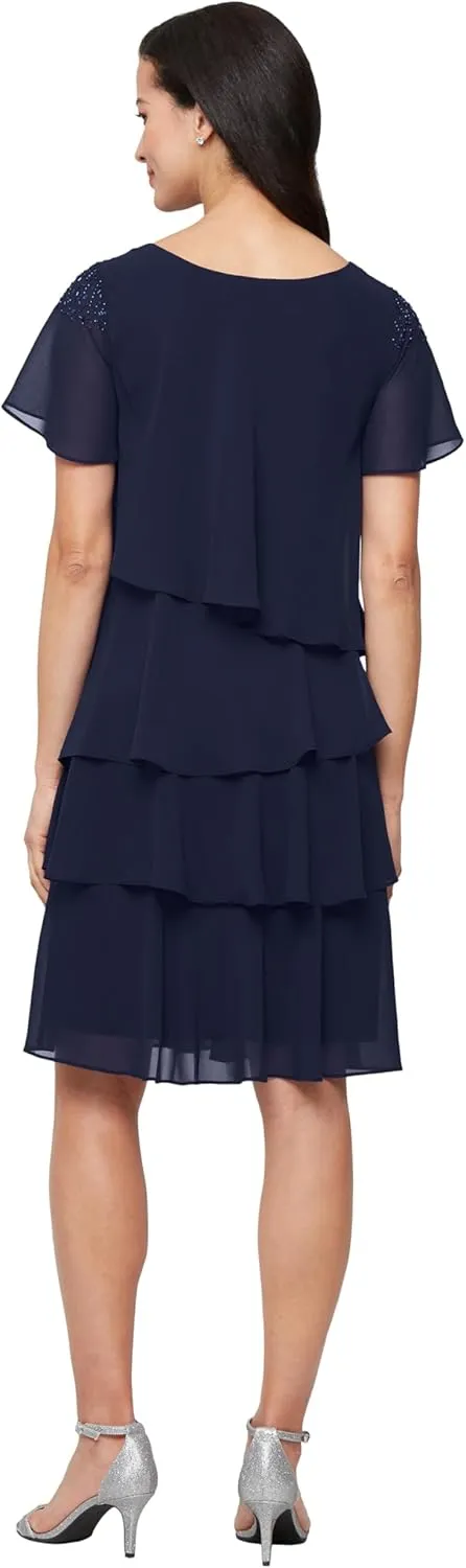 S.L. Fashions Women's V-Neck Chiffon Cocktail Dress with Beaded Shoulders and Asymmetrical Tiers (Petite and Regular Sizes)