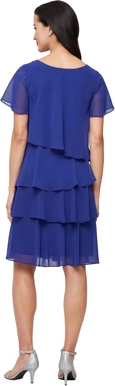 S.L. Fashions Women's V-Neck Chiffon Cocktail Dress with Beaded Shoulders and Asymmetrical Tiers (Petite and Regular Sizes)
