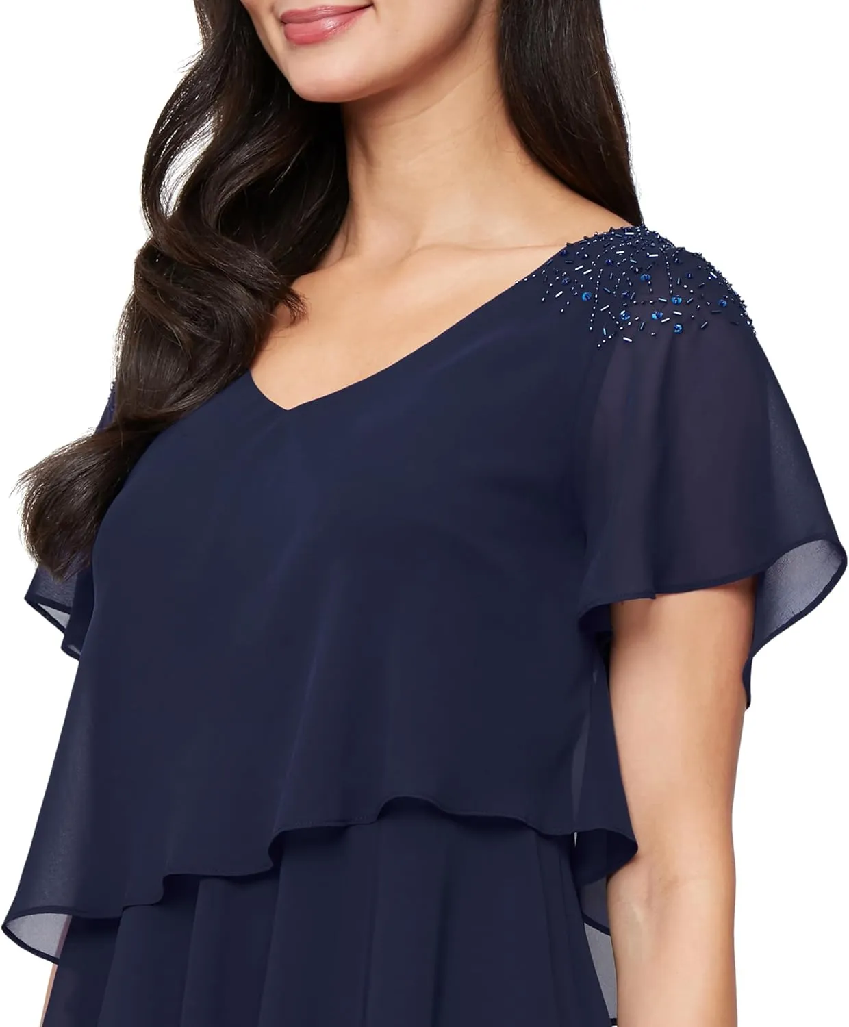 S.L. Fashions Women's V-Neck Chiffon Cocktail Dress with Beaded Shoulders and Asymmetrical Tiers (Petite and Regular Sizes)