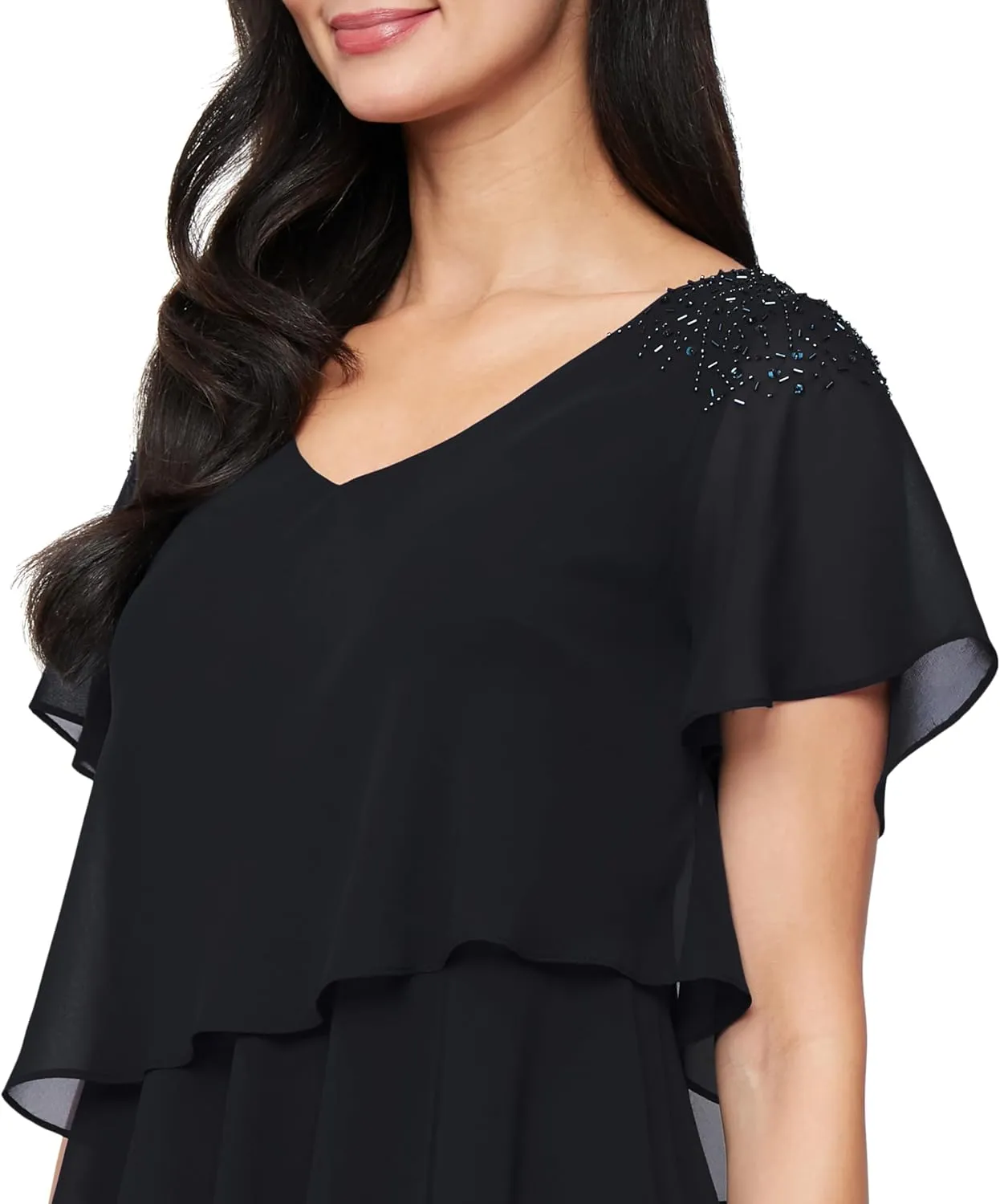 S.L. Fashions Women's V-Neck Chiffon Cocktail Dress with Beaded Shoulders and Asymmetrical Tiers (Petite and Regular Sizes)
