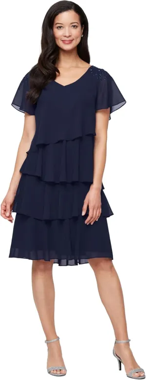 S.L. Fashions Women's V-Neck Chiffon Cocktail Dress with Beaded Shoulders and Asymmetrical Tiers (Petite and Regular Sizes)