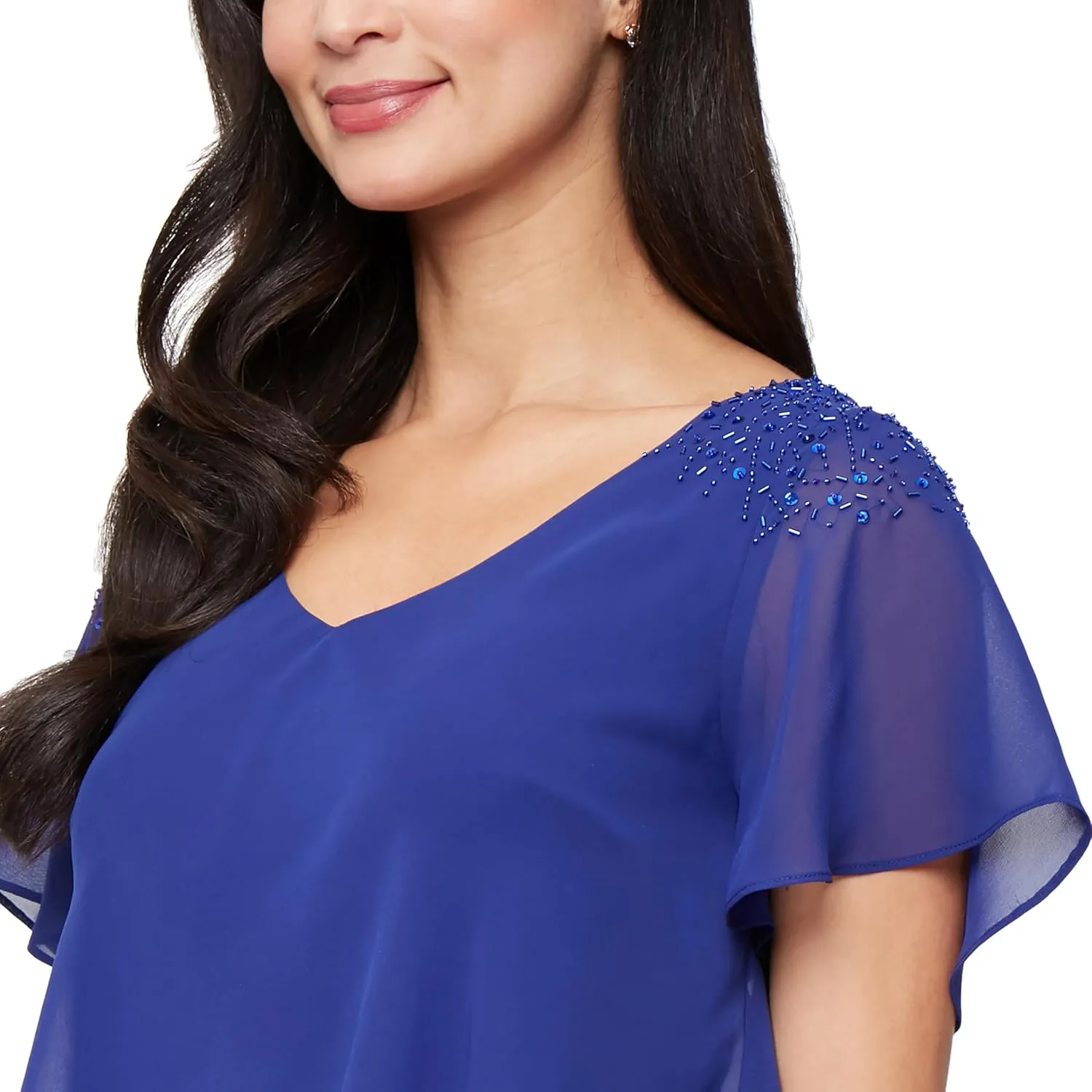 S.L. Fashions Women's V-Neck Chiffon Cocktail Dress with Beaded Shoulders and Asymmetrical Tiers (Petite and Regular Sizes)