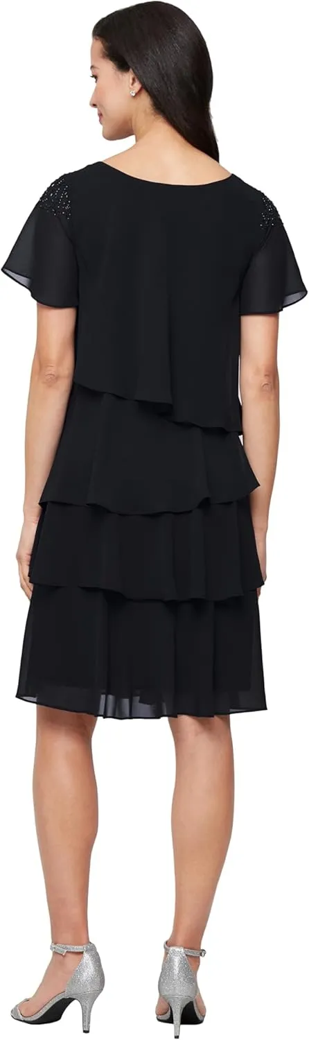 S.L. Fashions Women's V-Neck Chiffon Cocktail Dress with Beaded Shoulders and Asymmetrical Tiers (Petite and Regular Sizes)