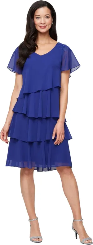 S.L. Fashions Women's V-Neck Chiffon Cocktail Dress with Beaded Shoulders and Asymmetrical Tiers (Petite and Regular Sizes)