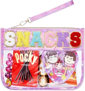 Snack Bag for kids,Clear Snack Pouches for Travel,Chenille Letter Bag,Holographic PU Leather Bags for Women Girls,Cute (Pink)
