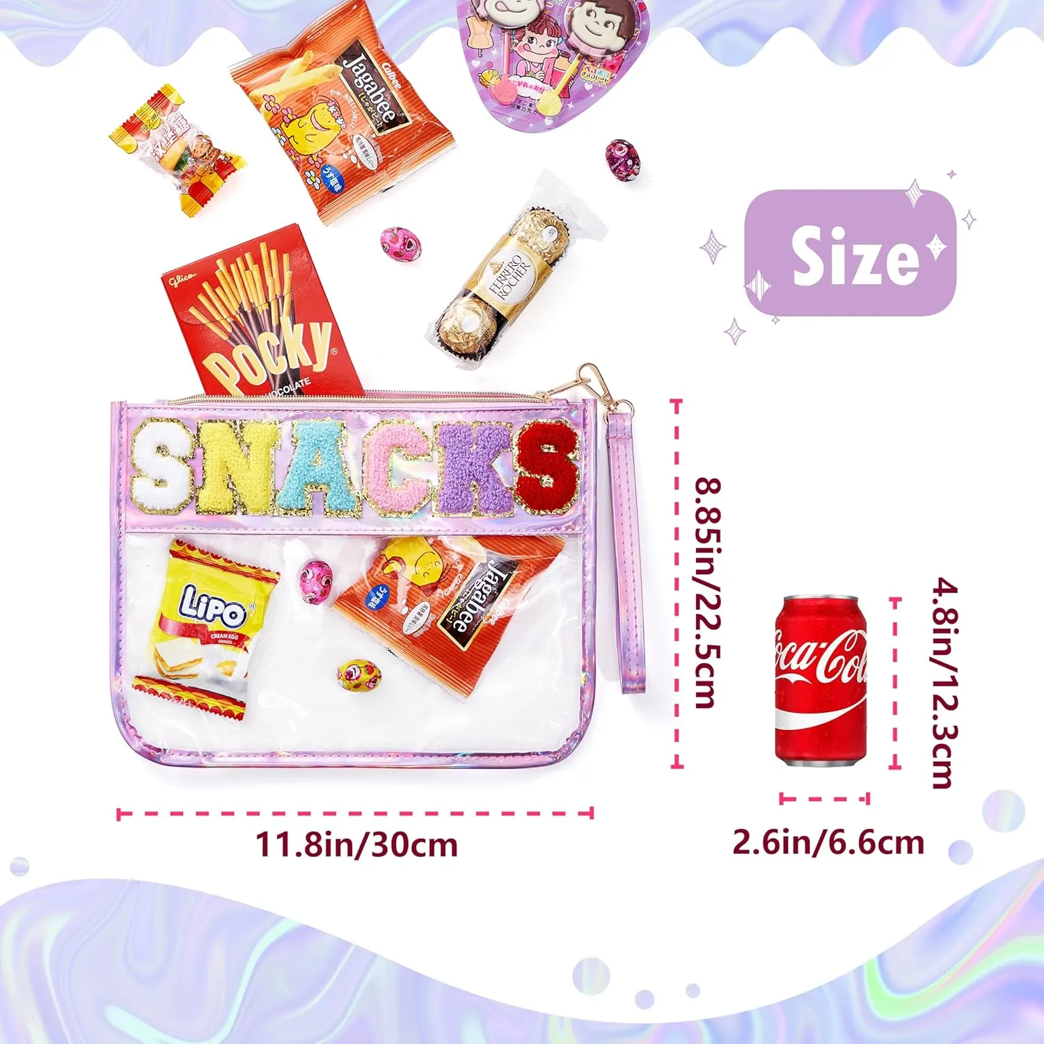 Snack Bag for kids,Clear Snack Pouches for Travel,Chenille Letter Bag,Holographic PU Leather Bags for Women Girls,Cute (White)