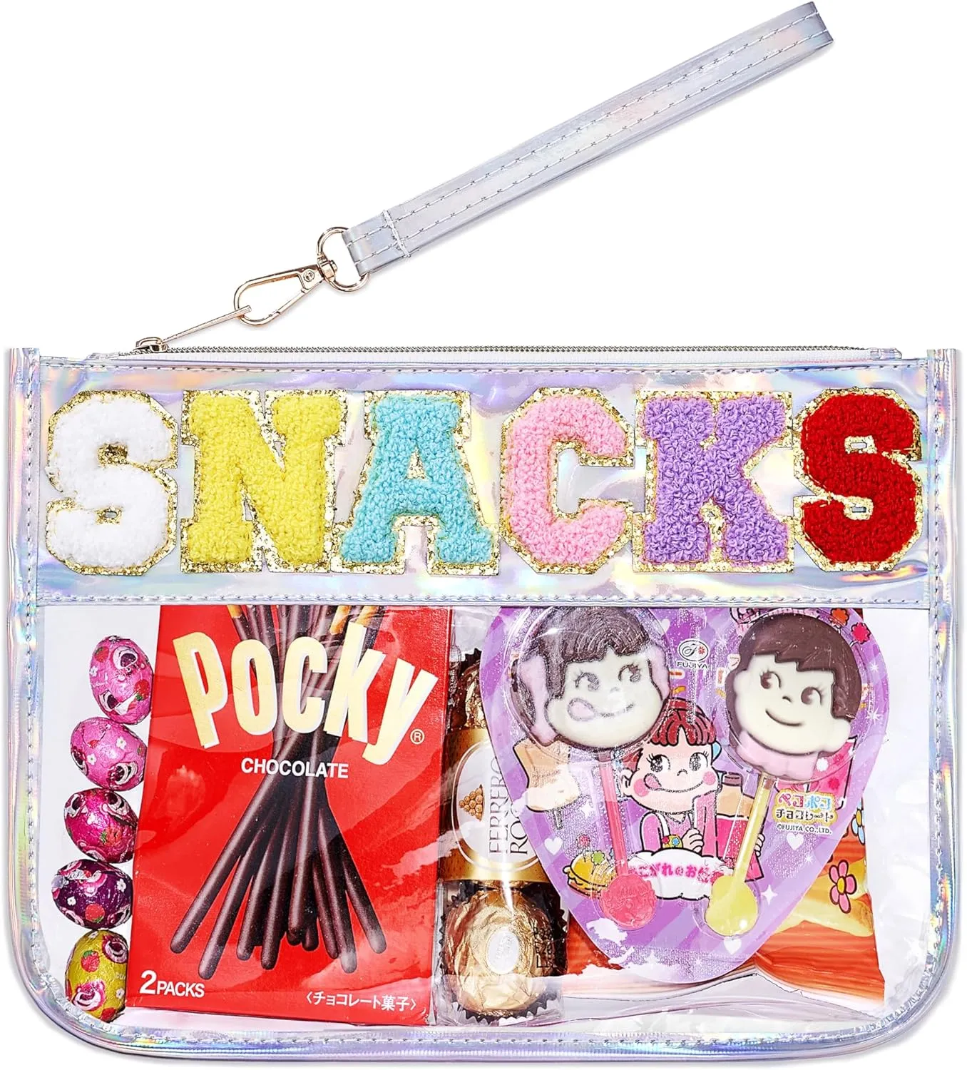 Snack Bag for kids,Clear Snack Pouches for Travel,Chenille Letter Bag,Holographic PU Leather Bags for Women Girls,Cute (White)