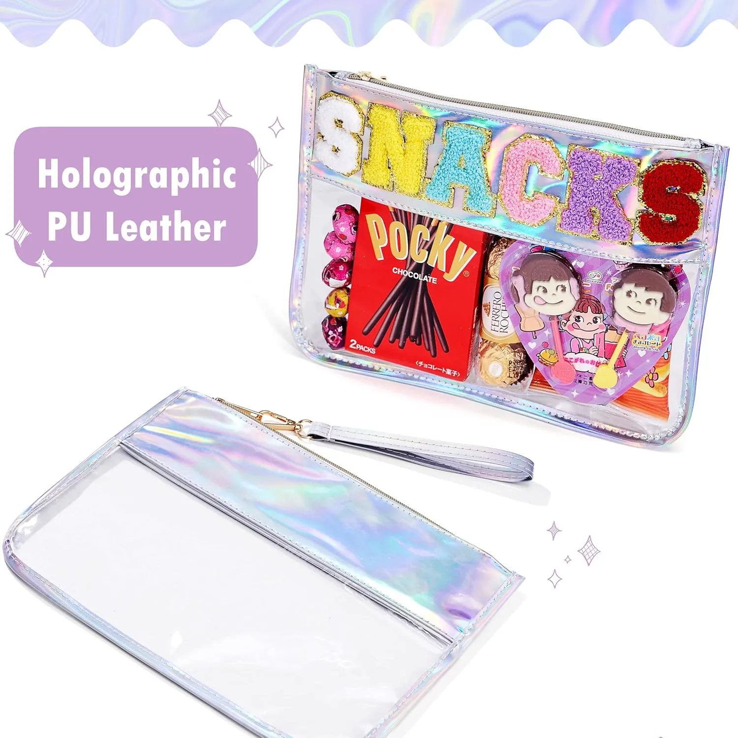 Snack Bag for kids,Clear Snack Pouches for Travel,Chenille Letter Bag,Holographic PU Leather Bags for Women Girls,Cute (White)