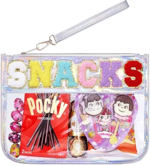 Snack Bag for kids,Clear Snack Pouches for Travel,Chenille Letter Bag,Holographic PU Leather Bags for Women Girls,Cute (White)
