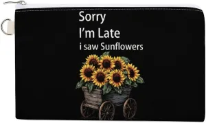 Sorry I'm Late I Saw Sunflowers Coin Purse Canvas Change Pouch Portable Pocket Wallet Mini Storage Bag with Zippered Keychain