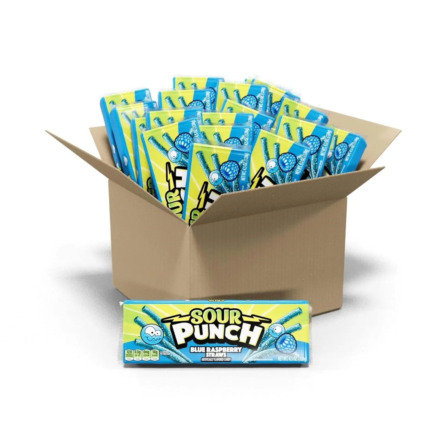Sour Punch Straws, Blue Raspberry Fruity Flavor, Soft & Chewy Candy, 4.5oz Tray (24 Pack)