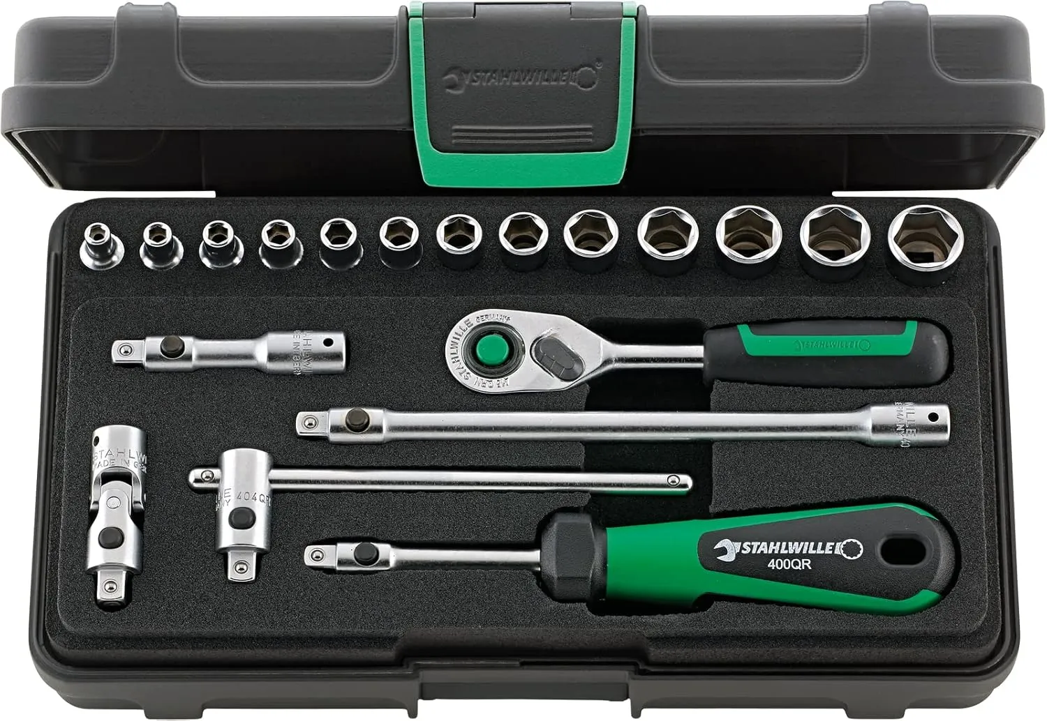 Stahlwille 96011180 Socket Set 1/4" No. 40/13/6QR, 19 Pieces (13 Sockets with Hexagon No. 40, 1 Ratchet, 2 Extensions, 1 Universal Joint, 1 Drive Handle, 1 T-Handle), Made in Germany