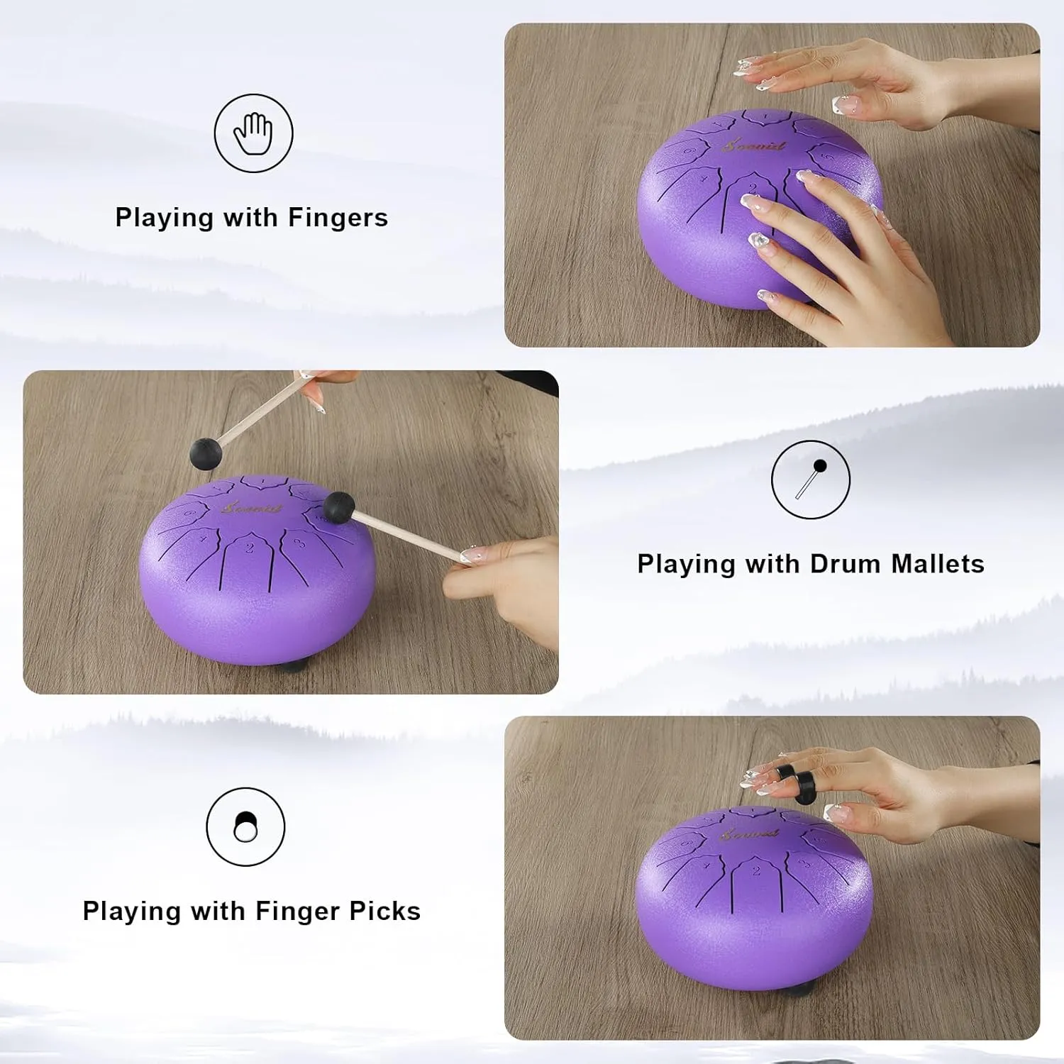 Steel Tongue Drum, 6 Inch 8 Notes Tongue Drum with Bag, Drumsticks, Mallet Holder, Finger Picks and Music Book, Handpan Drum for Early Musical Education Zen Meditation Yoga (Purple)
