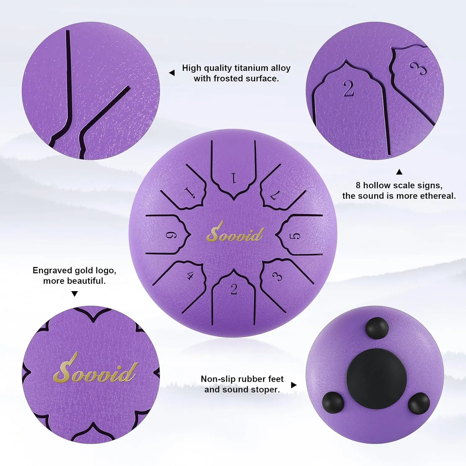 Steel Tongue Drum, 6 Inch 8 Notes Tongue Drum with Bag, Drumsticks, Mallet Holder, Finger Picks and Music Book, Handpan Drum for Early Musical Education Zen Meditation Yoga (Purple)