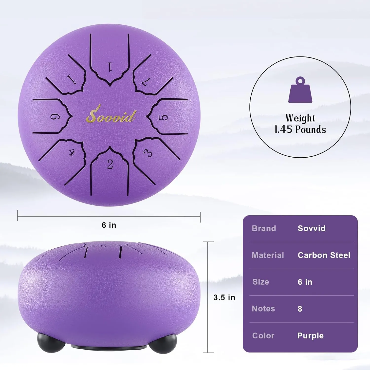Steel Tongue Drum, 6 Inch 8 Notes Tongue Drum with Bag, Drumsticks, Mallet Holder, Finger Picks and Music Book, Handpan Drum for Early Musical Education Zen Meditation Yoga (Purple)
