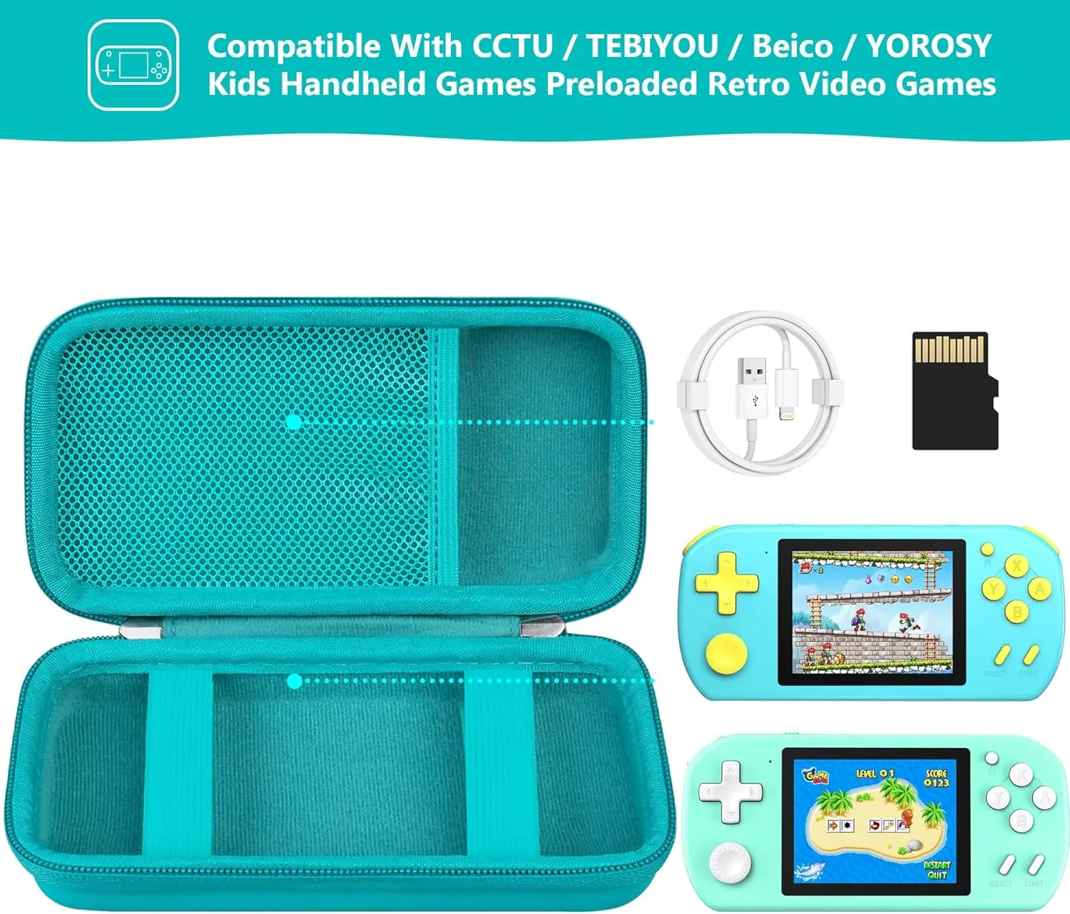 Supmay Carrying Case Compatible with CCTU / TEBIYOU Kids Handheld Games Preloaded 218 Retro Video Games, Portable Gaming Electronic Toys Storage Holder Travel Bag with Mesh Pocket for USB Cable,Green