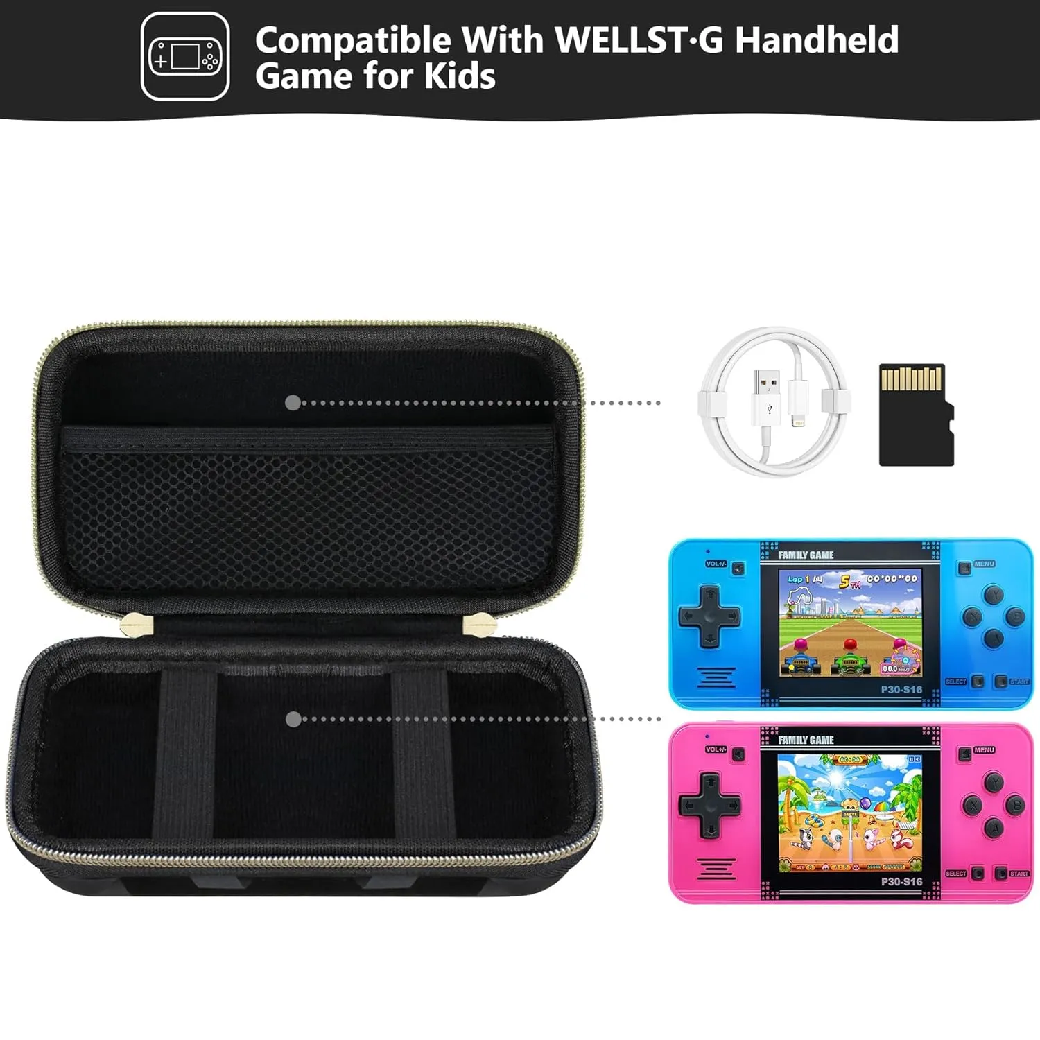 Supmay Carrying Case Compatible with WELLST·G Handheld Game for Kids -Preloaded 220 Retro Video Games, Portable Gaming Player Storage Holder Travel Bag with Mesh Pocket for USB Cable, Black