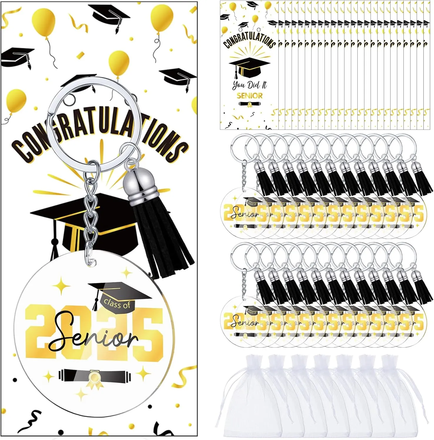 Sureio 24 Set Graduation Keychain Gifts Class of 2025 Acrylic Senior Keychain with Tassel Card Organza Bag for High School College Masters Degree Student Prom Graduation Party Favor