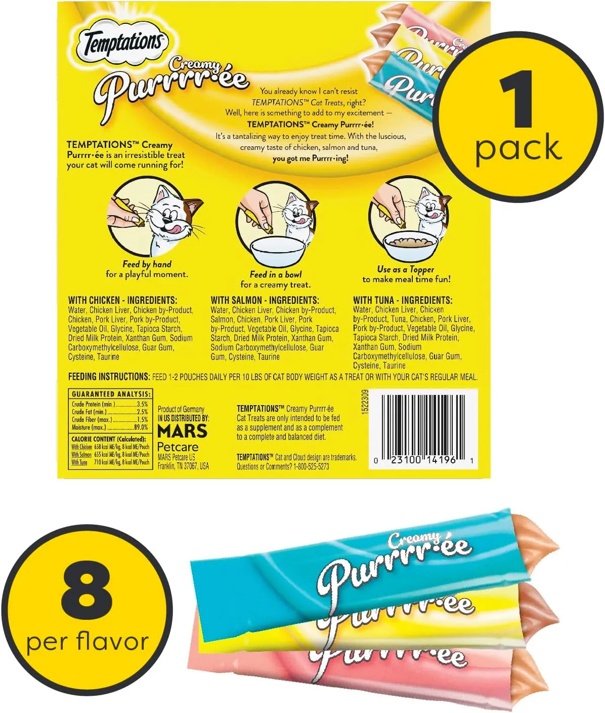 Temptations Creamy Puree with Chicken, Salmon, and Tuna Variety Pack of Lickable, Squeezable Cat Treats, 0.425 Oz Pouches, 24 Count