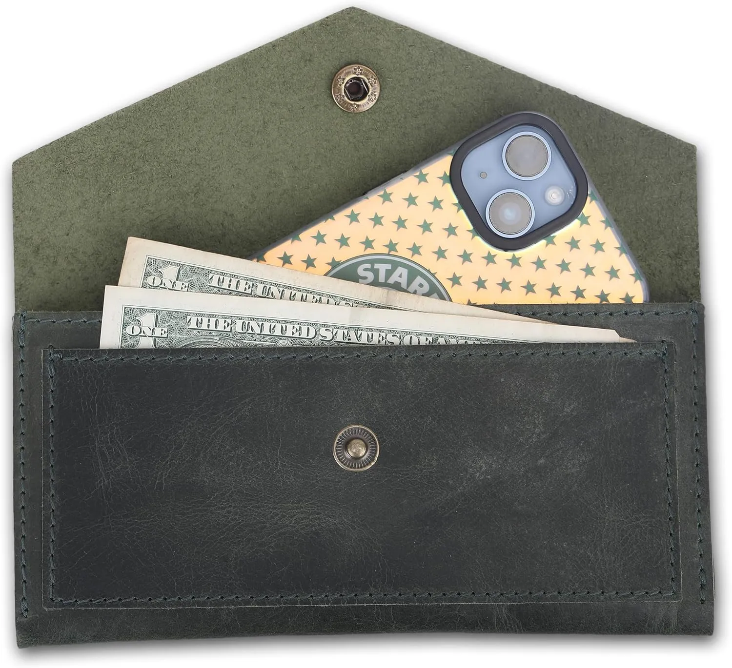 The Antiq Green Leather Money Bag Wallets for Women - Handcrafted Leather Cash Envelopes for Budgeting Binder - Currency Holder Money Bag for Cash, Money Organizer for Cash Travel Purses for Women