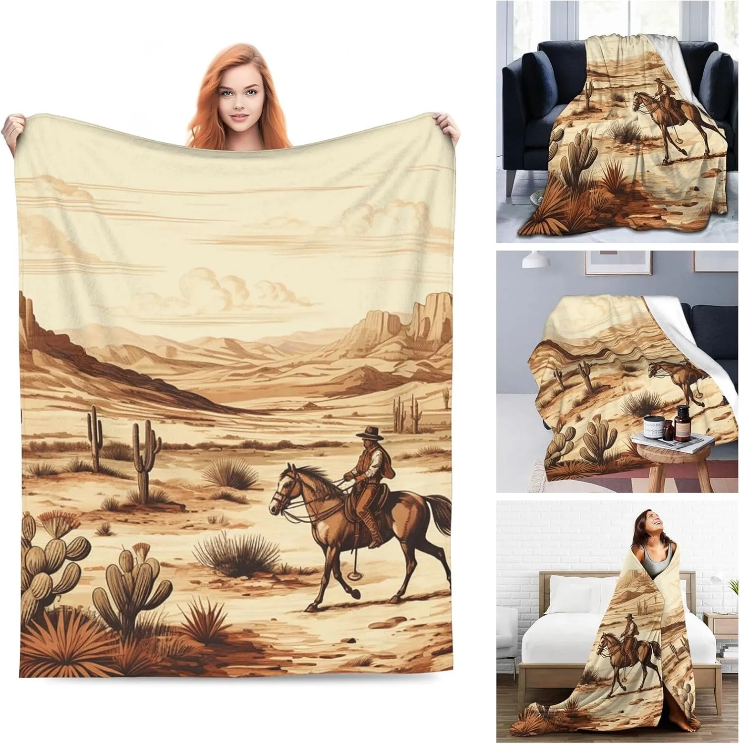 Throw Blanket 80"x60" Ultra-Soft Micro Fleece Blanket Soft Plush Throws West Desert Cactus Throw Blanket Warm Fuzzy Cozy Blanket for Couch Bed Sofa All Seasons