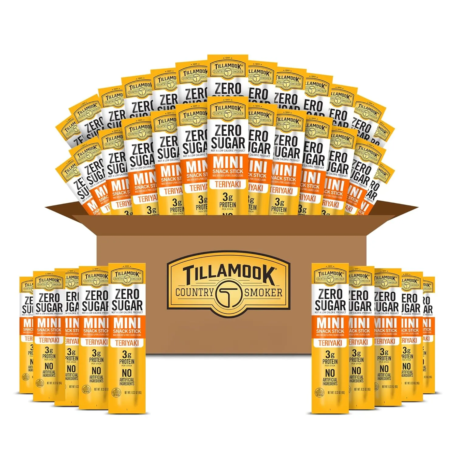 Tillamook Country Smoker Zero Sugar Teriyaki Mini Smoked Sausages, 0.33 oz, 36 Ct, Individually Wrapped Beef Sticks for Afternoon Snacks, Lunchboxes, Travel, Real Hardwood Smoked