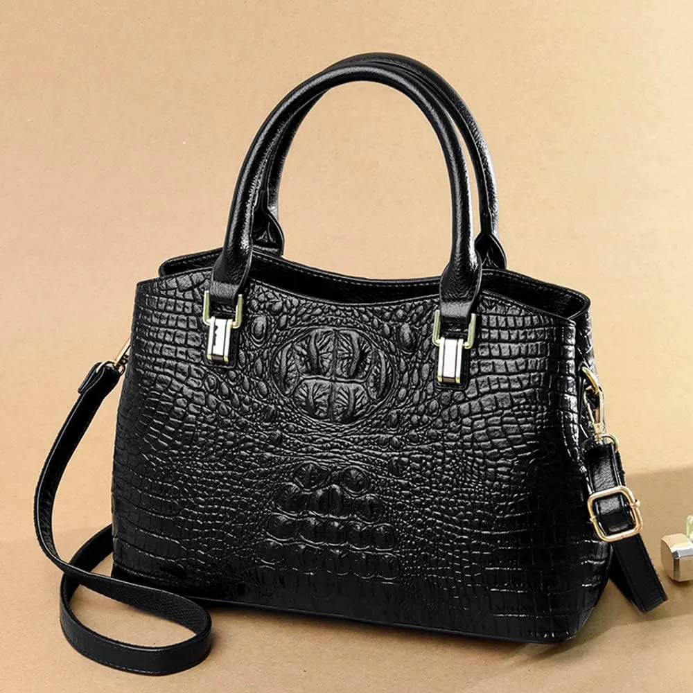Top Handle Satchel Handbags Crocodile Bag Designer Purse Leather Tote Bags (black)