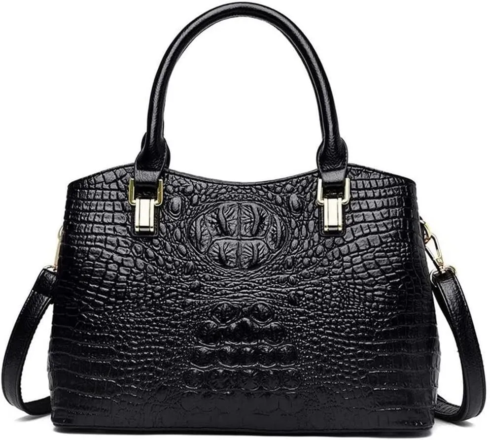Top Handle Satchel Handbags Crocodile Bag Designer Purse Leather Tote Bags (black)