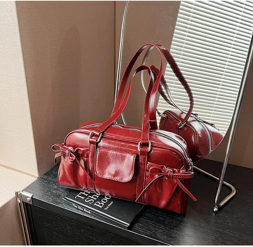 Tote Bag for Women with Bow - Vintage Y2K Faux Leather Shoulder Bag, Multi-Way Carry Purse for Everyday Use