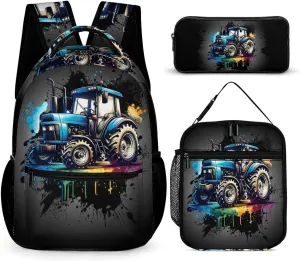 Tractor Backpack with Lunch Bag & Pencil Case, 16 Inch Cute Tractors Bookbag for Kids Girls Boys School, Daily Casual School Backpacks for Students Children, Lightweight