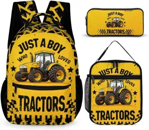 Tractor Backpack with Lunch Bag & Pencil Case, 16 Inch Cute Tractors Bookbag for Kids Girls Boys School, Daily Casual School Backpacks for Students Children, Lightweight