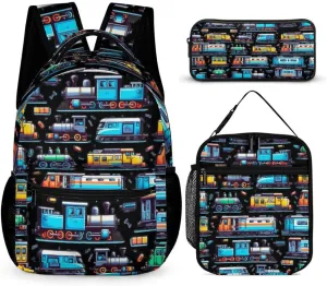 Train Backpack with Lunch Box & Pencil Case for Kids Girls Boys School, 16 Inch Cute Trains Bookbag, Railway School Backpacks for Students Children, Lightweight, Large Capacity