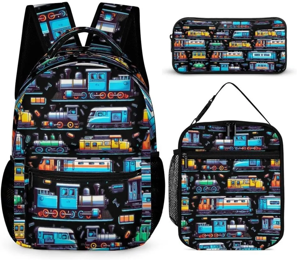 Train Backpack with Lunch Box & Pencil Case for Kids Girls Boys School, 16 Inch Cute Trains Bookbag, Railway School Backpacks for Students Children, Lightweight, Large Capacity