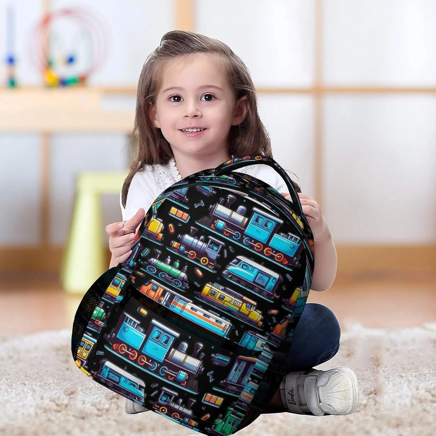 Train School Backpack for Kids Girls Boys, 16 Inch Cute Trains Themed Bookbag, Personalized Railway School Backpacks for Students Children, Lightweight, Large Capacity